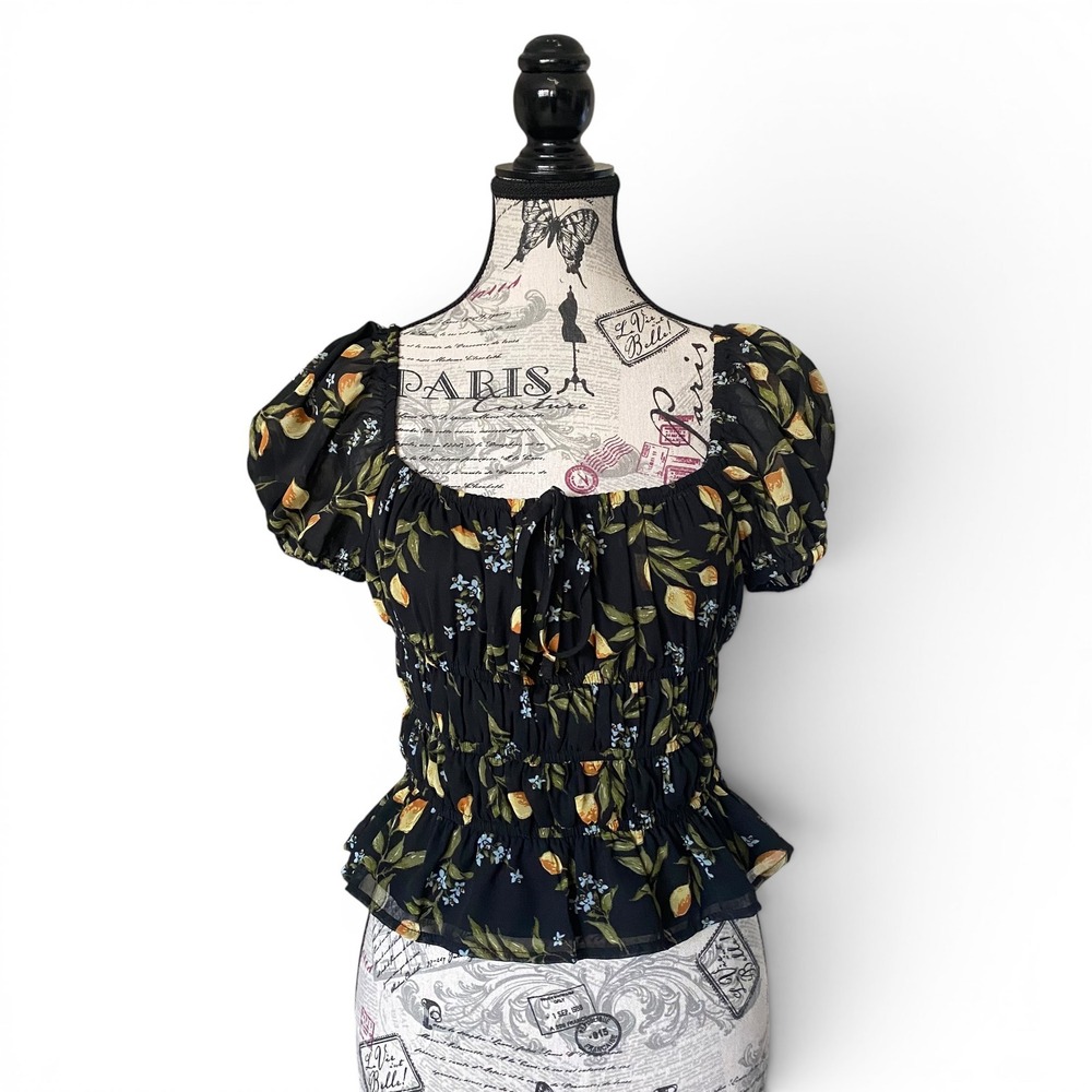 Japna‎ Smocked Peplum Top Womens S Black Lemon Print Puff Sleeve Chiffon Boho